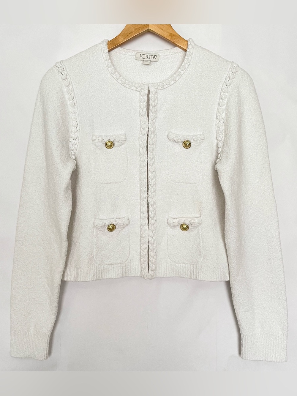 J Crew Odette Sweater Lady Jacket in Cotton-Blend Bouclé Size Medium White BR789
